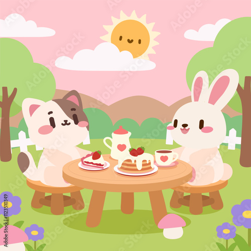 Cute bunny and cat enjoying a pancake picnic in a sunny spring park. Adorable rabbit and cat tea party with strawberry desserts outdoors.
