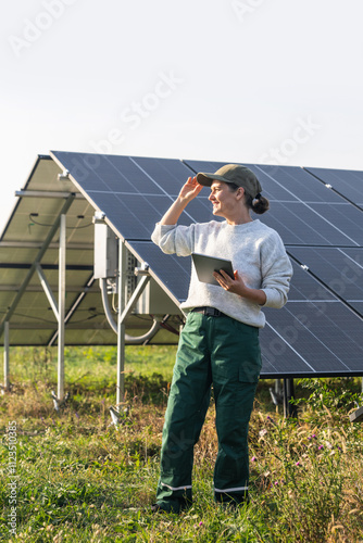 Female farmer with digital tablet on a modern farm using solar panels