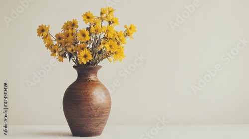 Beautiful yellow flowers in rustic pot on a neutral background photo