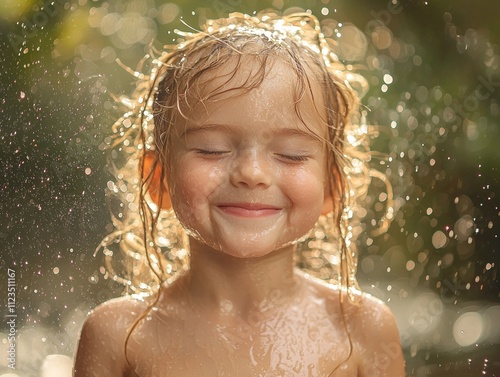 child stands delightfully rain eyes closed broad smile plastered their face. Water droplets splash creating lively atmosphere joy and freedom.