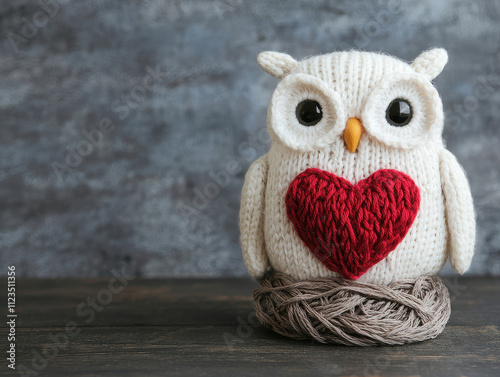 Knitted animal for Valentine day. A cute knitted owl with a red heart, sitting on a wooden surface, adds a cozy and whimsical touch to any decor. photo