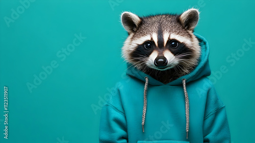 Curious raccoon wearing a bright teal hoodie against a vibrant bright teal background, ideal for playful branding, fun product promotions, and outdoor-themed campaigns photo