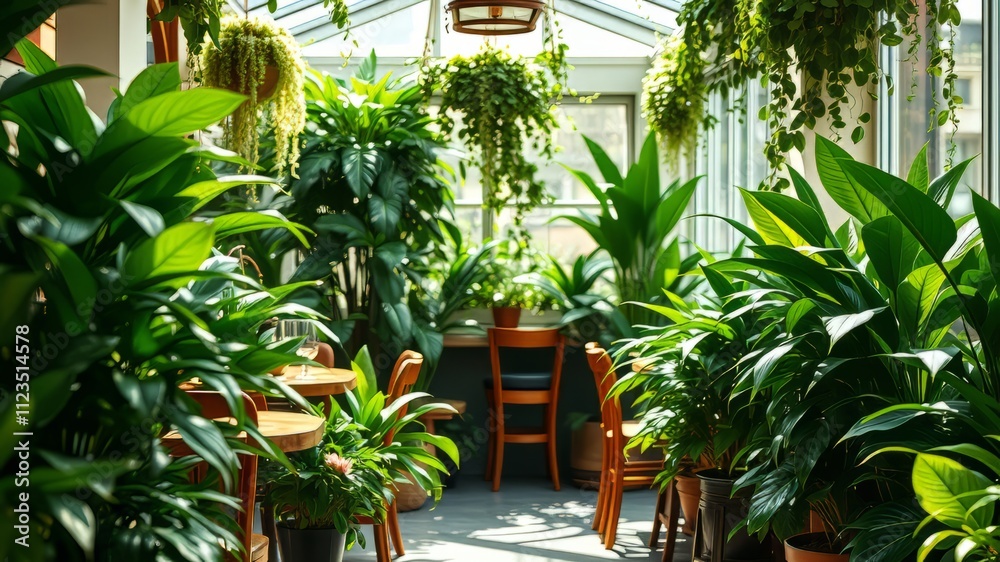 Fototapeta premium Lush Restaurant Garden - Fresh & Inviting Dining Ambiance