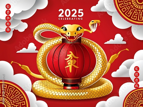 Golden Snake Encircles Red Lantern Celebrating 2025 photo