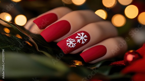 Minimalist Christmas manicure with matte red polish and white snowflake accents, captured against a soft, blurred background of holiday lights, ultraclear 8K resolution photo