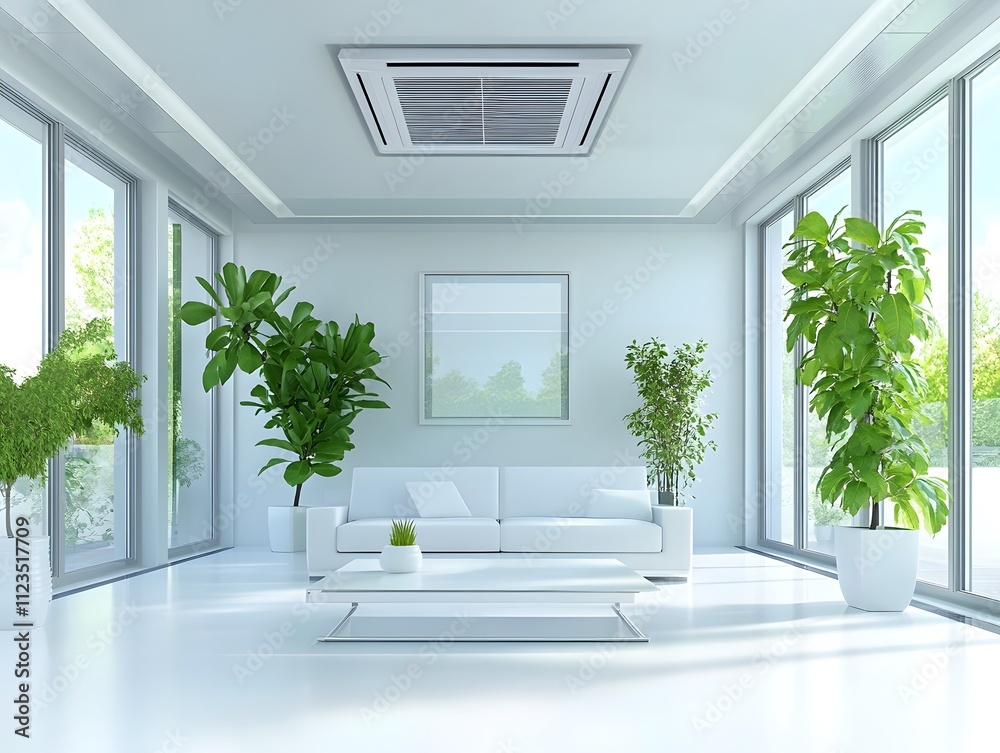 Fototapeta premium Modern Minimalist Living Room with Abundant Natural Light, Stylish Furniture, Green Plants, and Contemporary Air Conditioning System for a Fresh Atmosphere