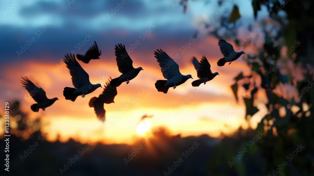 Fototapeta premium A flock of birds flying in the sky at sunset