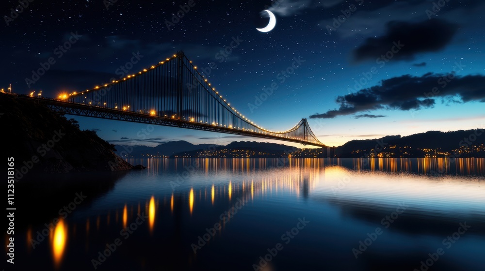 Fototapeta premium A bridge spans a body of water at night