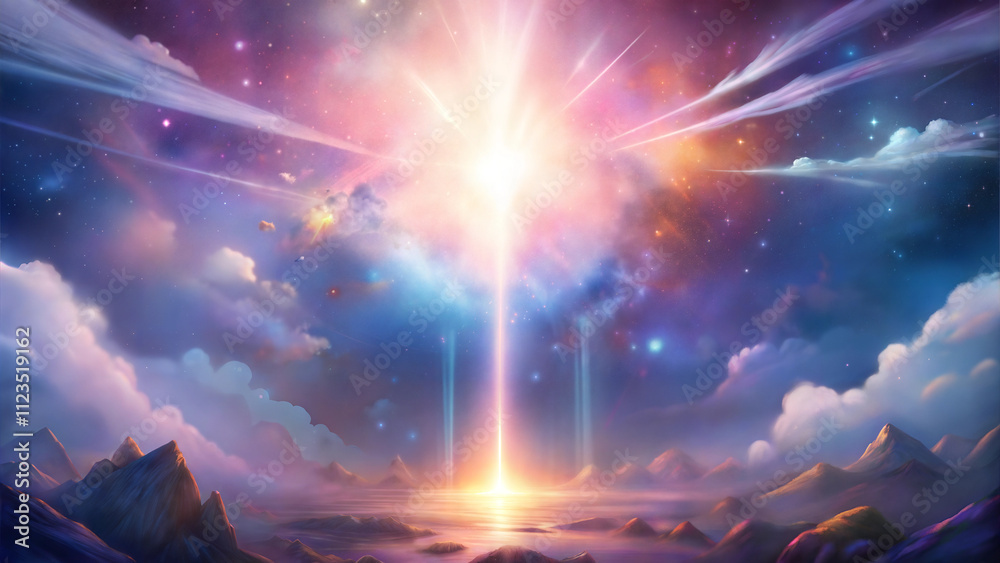 Obraz premium Towering celestial light beam in a dreamy cosmic landscape with vibrant skies