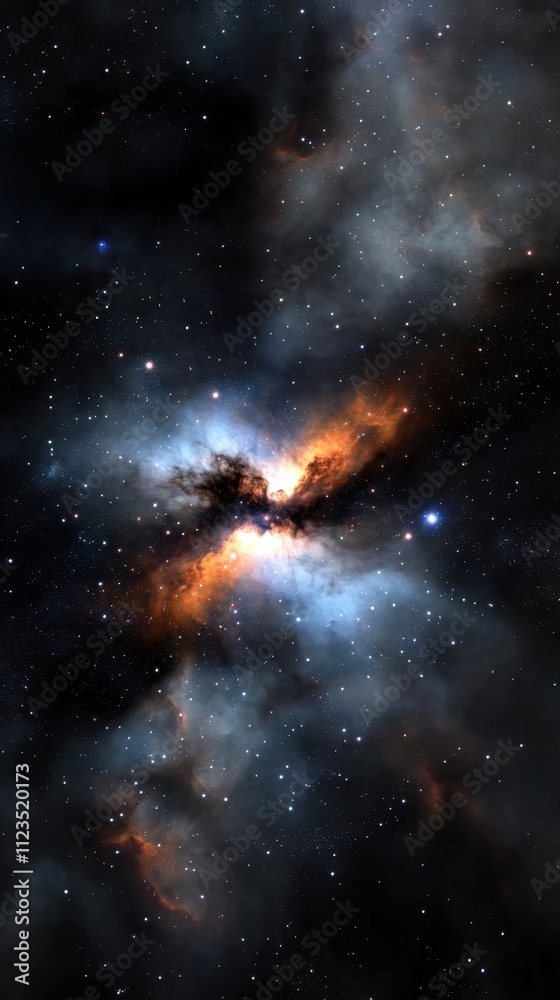 Fototapeta premium A close up of a starry sky with a large cloud of orange and blue