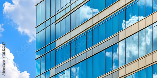 Prédio de escritório moderno com janelas de vidro refletindo o céu photo