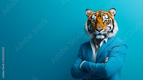 Powerful tiger wearing a bright blue blazer against a vibrant bright blue background, ideal for professional branding, bold advertisements, and leadership-themed campaigns photo