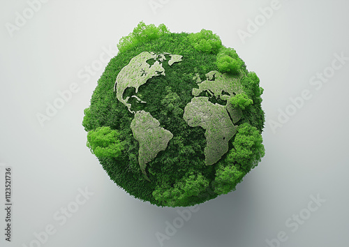 3D rendering of a green Earth made from trees and plants on a white background