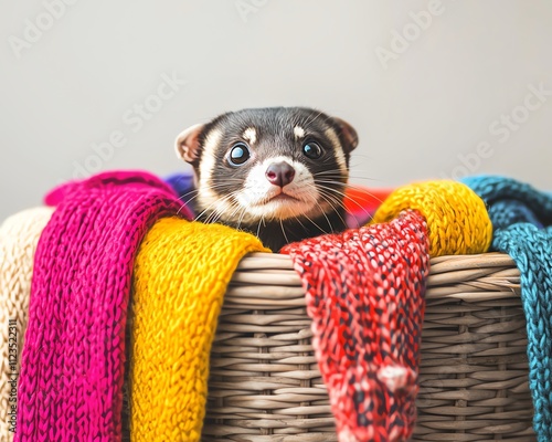 A curious pet peeking out from a cozy basket filled with colorful knitted scarves, radiating warmth and charm. photo