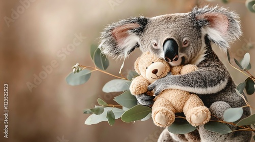 A cute koala cuddling a teddy bear while sitting on a branch, showcasing its adorable personality in a soft, nature-inspired setting. photo