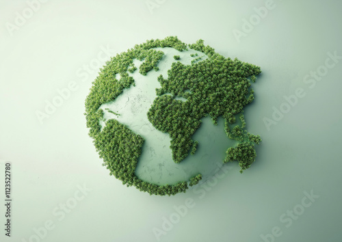 3D rendering of a green Earth made from trees and plants on a white background