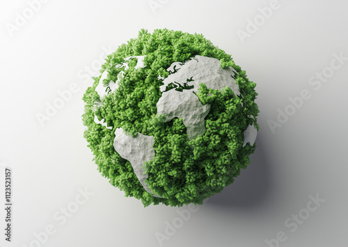 3D rendering of a green Earth made from trees and plants on a white background