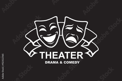icon of comedy and tragedy theatrical masks with ribbon isolated on black background