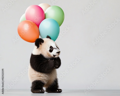 Endearing panda holding colorful balloons, perfect for playful and joyful themes in photography. photo