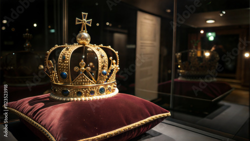 Golden royal crown displayed on velvet cushion in luxurious setting for festive Christmas decor