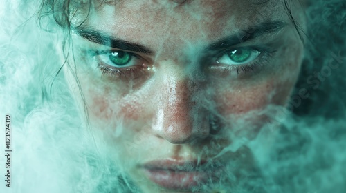 A close-up portrait captures a person's intense gaze amidst swirling smoke, evoking themes of mystery, determination, and the enigmatic nature of the human spirit. photo