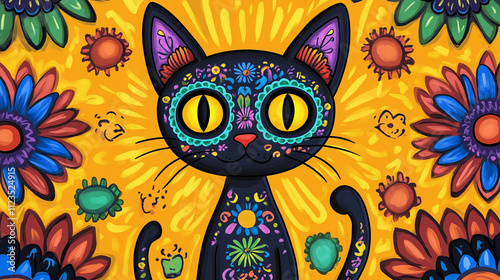 Vibrant Día de los Muertos Cat with Sugar Skull Patterns