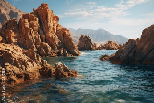 Contrasting Rock and Water A Tapestry of Rugged Brown Formations and Tranquil Blue Waters on a Sunlit Afternoon