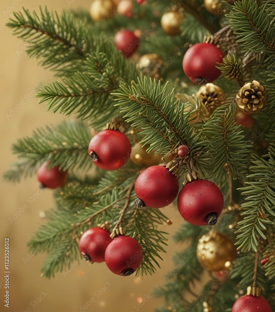 Fototapeta premium Detail of red berries on pine branches with golden ornaments against a warm brown background with shimmering golden particles, ornaments, berries, pine