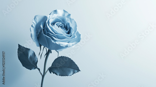 A beautiful blue rose, isolated against a white background. The photograph depicts a single light pastel blue color rose with leaves and stem in the foreground