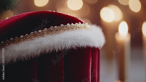 A luxurious Santa hat made of rich, deep red velvet, adorned with intricate gold embroidery along the trim. The hat is carefully placed on a velvet cushion, surrounded by glowing candles and sparkling photo