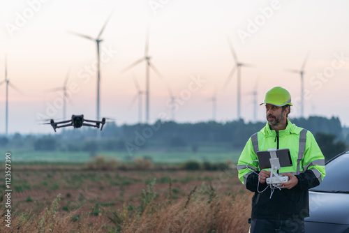 Wallpaper Mural Engineers using a drone to check wind turbines from above during a beautiful sunset. A way to work with technology and support clean energy for the future. Torontodigital.ca