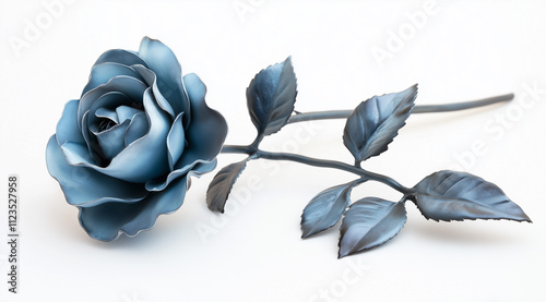 A beautiful blue rose, isolated against a white background. The photograph depicts a single light pastel blue color rose with leaves and stem in the foreground