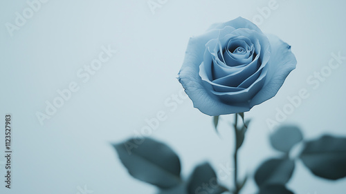 A beautiful blue rose, isolated against a white background. The photograph depicts a single light pastel blue color rose with leaves and stem in the foreground