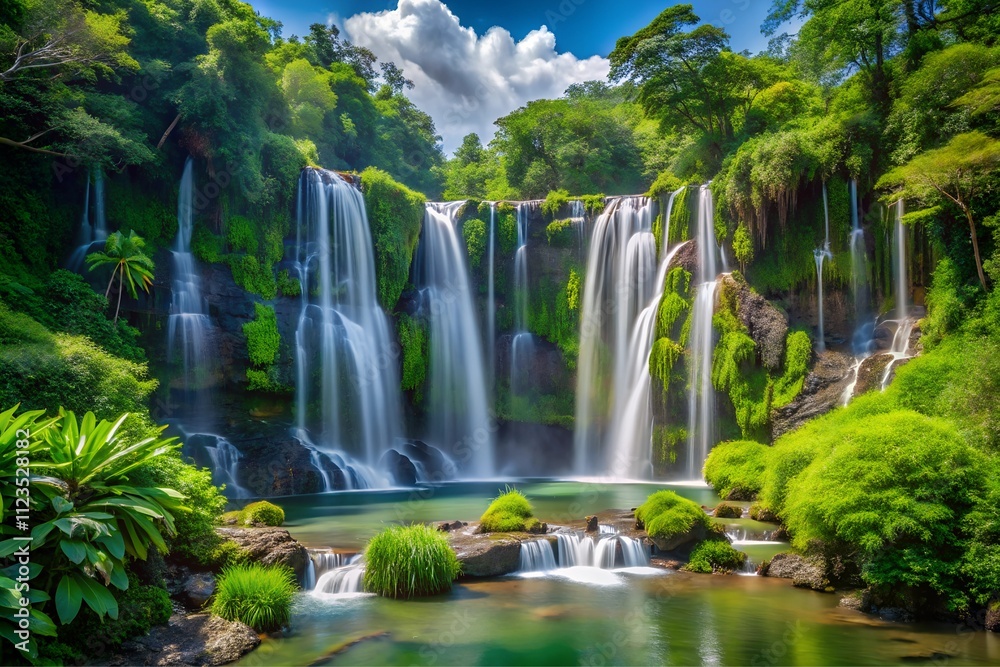 Obraz premium A cascading waterfall surrounded by lush greenery background design