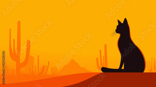 Desert Cat with Sand Dunes and Cacti: Warm Vector Art
