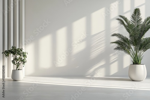 Minimalist Interior with Plants and Sunlit Stripes on White Walls and Floor