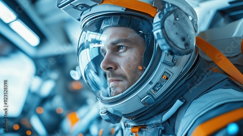 astronaut, donned in a space suit with a clear helmet, displays a determined expression as he prepares for a critical space mission in a high-tech spacecraft environment photo