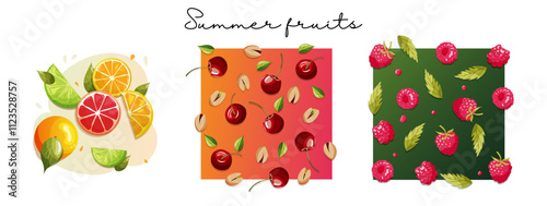 Ensemble vectoriel de fruits d'été, doodles, citron, cerise, framboise, orange, agrume, motif