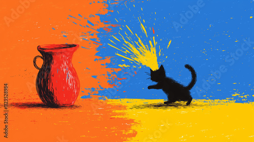 Playful Cat Causing Chaos: Bright and Colorful Illustration