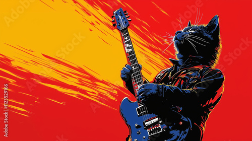 Rockstar Cat: Playing Electric Guitar Vector Art