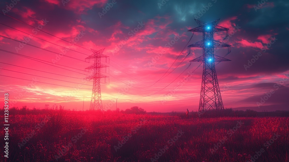 Naklejka premium Futuristic power line tower with a neon red glowing structure, highlighting innovative energy transmission and technological advancement.