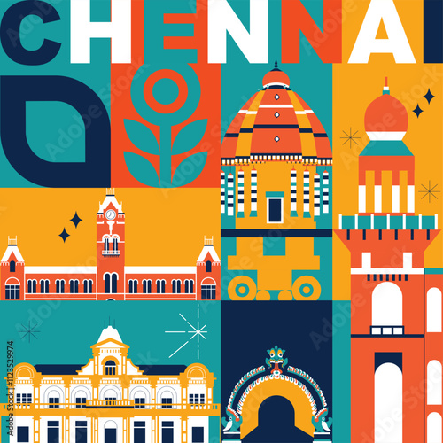 Chennai culture travel set, Indian famous architectures and specialties in flat design. Business travel and tourism concept clipart. Image for presentation, banner, website, advert, flyer, roadmap