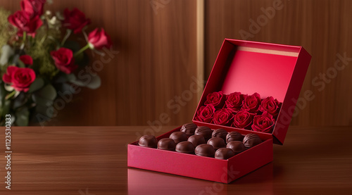 A bouquet of red roses and chocolate pralines in an open gift box on the table, on a dark wood background,