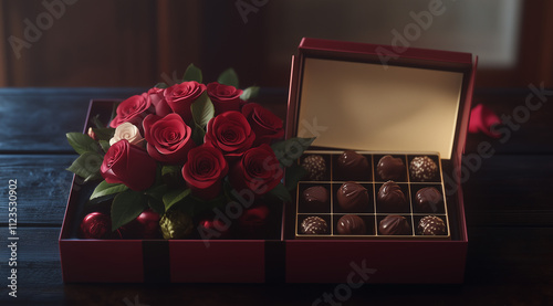 A bouquet of red roses and chocolate pralines in an open gift box on the table, on a dark wood background,