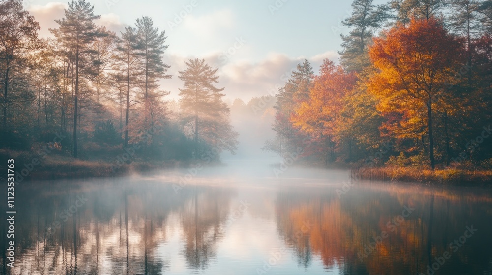 Obraz premium Fog envelops a serene lake reflecting colorful autumn trees under a soft morning light