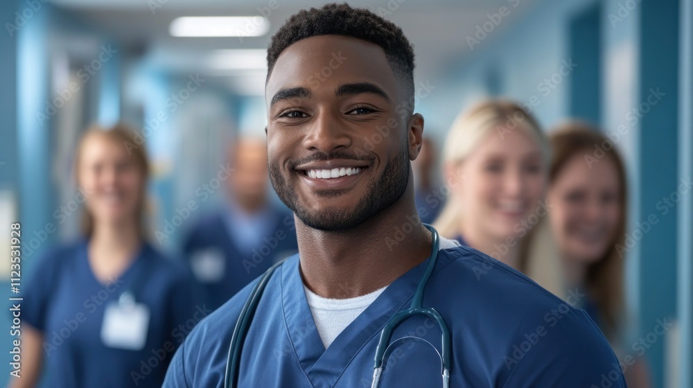 Fototapeta premium A healthcare worker in blue scrubs flashes a bright smile while standing in a hospital corridor