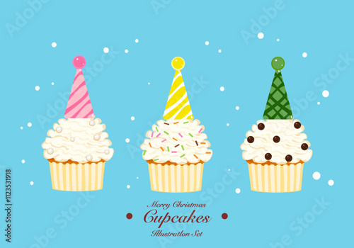 Vector illustration, dessert, colorful Christmas cupcakes, gingerbread and stars, homemade sweet sugar-coated cookies or biscuits, winter food. Festival, happiness, celebration. Cute style isolated.