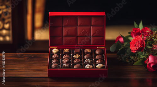 A bouquet of red roses and chocolate pralines in an open gift box on the table, on a dark wood background,