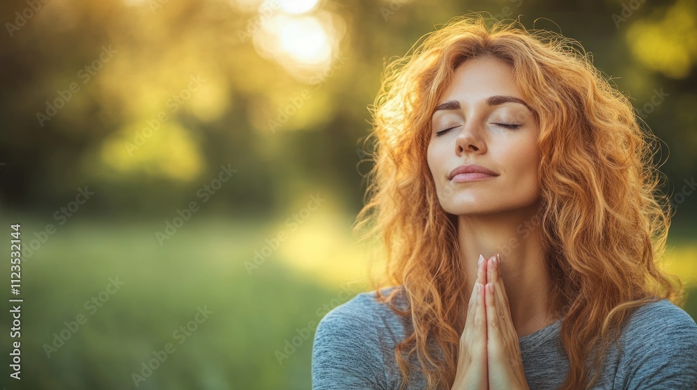 Naklejka premium Woman holds hands in prayer position, focusing on inner peace amidst lush greenery at sunset
