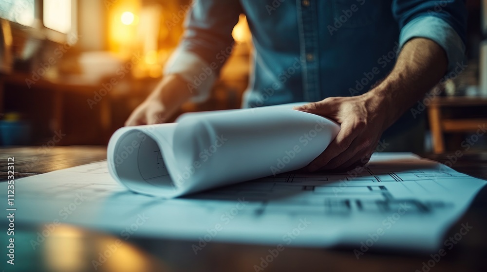 An architect examines detailed blueprints in a warm studio as sunlight filters through the windows An architect examines detailed blueprints in a warm studio as sunlight filters through the windows